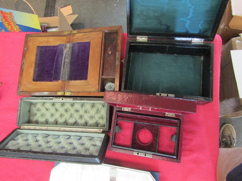 Three Victorian leather bound jewellery boxes one with silk catted interior, one with metal mounts - Image 3 of 3