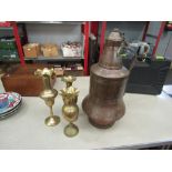 A copper Persian lidded jug and brasswares (4)