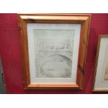 A Winnie the Pooh pencil sketch print of Pooh, Piglet and Rabbit on the bridge, Eeyore in the water,