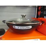 A boxed Le Cruset wok with glass lid in satin black, 32cm