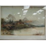 H.WELLS: A watercolour depicting a riverside scene, gents fishing off a bridge, with church to