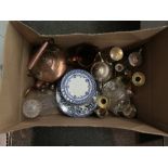 A box of miscellaneous metalwares, glass and ceramics including copper kettle