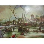 W.SHAYER: An oil on canvas depicting a winter scene on a frozen lake, framed, 39cm x 49.5cm
