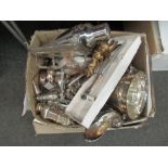 A box containing mixed silver plate and EPNS wares including ice bucket, condiments etc