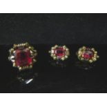 A synthetic ruby ring. Size U, 5g with a pair of matching earrings marked 585, 4.7g