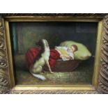 A framed oil on board of child sleeping with dog by their side, 19cm x 23.5cm