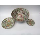 A late 19th early 20th Century Cantonese famile vert bowl, 14cm x 30cm and two dishes (3)