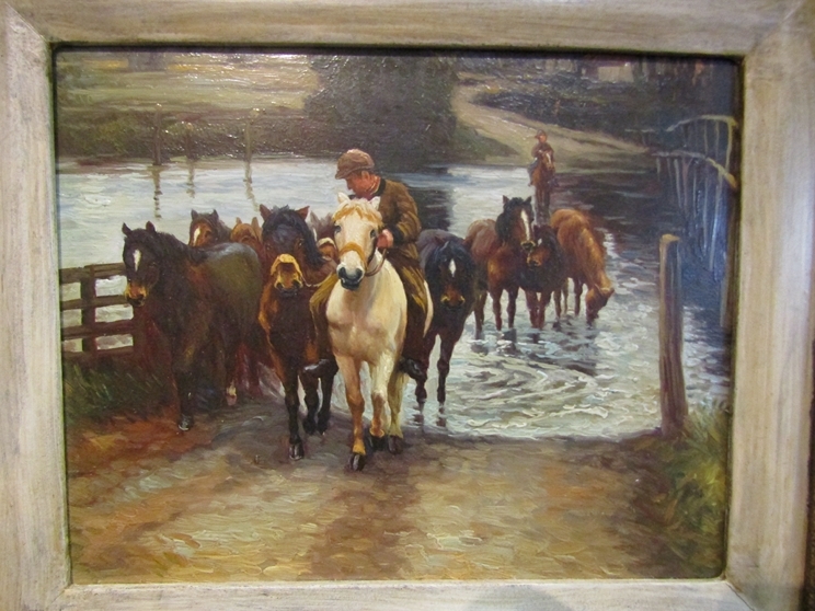 A framed oil on board of man leading horses through a river. 19cm x 24cm