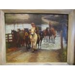 A framed oil on board of man leading horses through a river. 19cm x 24cm