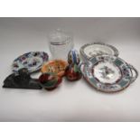 A mixed lot including 19th Century dishes, sphinx figure, painted eggs and Brierley crystal