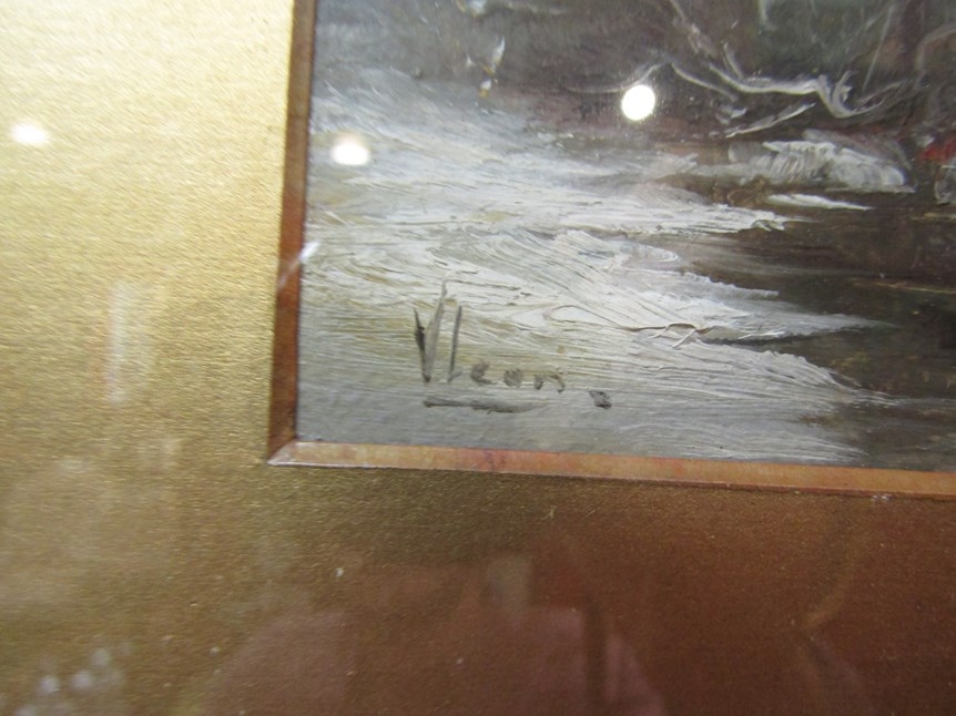 V. LEON: An oil on card circa 1900, the river Don (Yorkshire) in winter, signed lower left details - Image 2 of 2