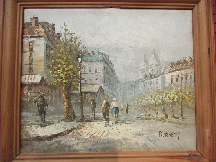 Oil on canvas, street scene in Paris near Montmartre, by Burnett, signed lower right, 25 x 30cm