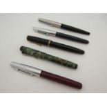 Five fountain pens including "Parker", "Kingswood" (14kt nib) and "Platignum"