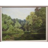 RICHARD MOTLEY (XX-XXI): 'Burnham Beeches', lake scene, oil on canvas, 44cm x 59cm, gilt brushed