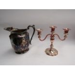 A sliverplate by Poole jug and plated candelabra