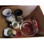 A selection of ceramics and glassware including carnival glass bowl, cranberry glass jug, ceramic