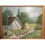 A naive picture of girl feeding the chickens, 24 x 30cm, and a Continental town scene, 14 x 10cm (2)
