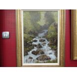 RICHARD MOTLEY (XX-XXI): 'Easedale Beck', an oil on board depicting rapids, 60cm x 38cm, gilt