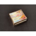 A silver square form trinket box with wooden lining, the hinged lid with a Royal Worcester panel