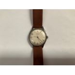 A mid Century Poljot 17 jewel wristwatch with stainless steel case, geometric face, suede leather