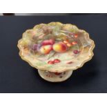 A Royal Worcester tazza handpainted by F.Roberts with peaches and cherries to top and pears and