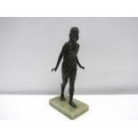 A circa 1900 bronze female figure of semi clad form, on green onyx base, 28.5cm tall