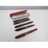 Five vintage fountain pens including Schaeffer, Blackbird, Osmiroid, Queensway and Iridium point,