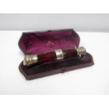 A double ended scent bottle inset with cameos and hinged in the centre, fitted leather case