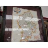 Sutton Nicholls, English after Robert Morden a coloured engraved map of Staffordshire, framed and