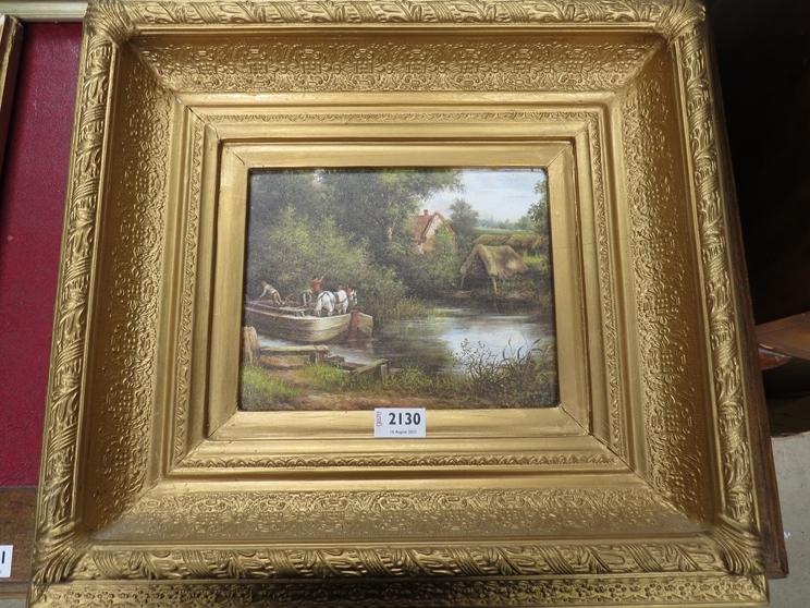 A gilt framed oleograph on a canvas of a barge. 20cm x 24cm image size