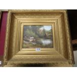 A gilt framed oleograph on a canvas of a barge. 20cm x 24cm image size