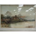 H. WELLS: A watercolour depicting a riverside scene, gents fishing off a bridge, with church to