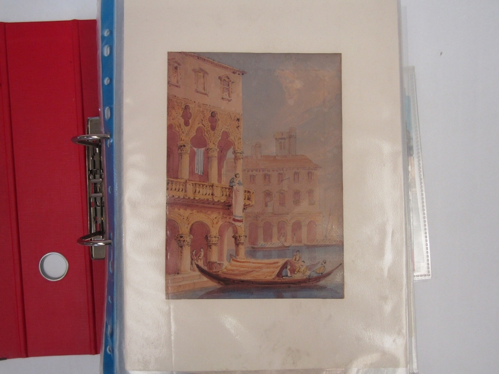 A loose leaf album containing a large number of pictures comprising signed watercolours, fine art