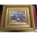 An ornate gilt framed oleograph of pheasants. 19cm x 24cm image size