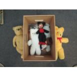 A box of vintage teddies including worn mohair with growler, gollie, Mickey Mouse etc