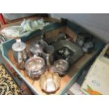 A box of mostly plated wares including tea wares, toast rack