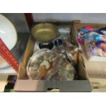 A box of plated wares including teapot, dishes, bowls etc