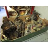 A mixed lot including pewter jugs and bowl, plated tankards, cast brass figural scene of the