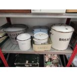 A quantity of vintage enamel containers including bread bin, cakes (no lid), clothes boiler, salt,