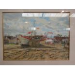 A Lowestoft fishing boat gouache, monogrammed, framed and glazed, 37cm x 53cm