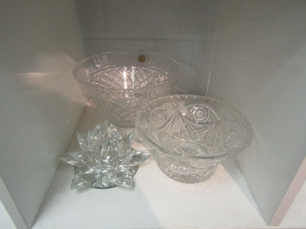 A Polish lead crystal bowl and flared bowl with floral form candle holder (3)