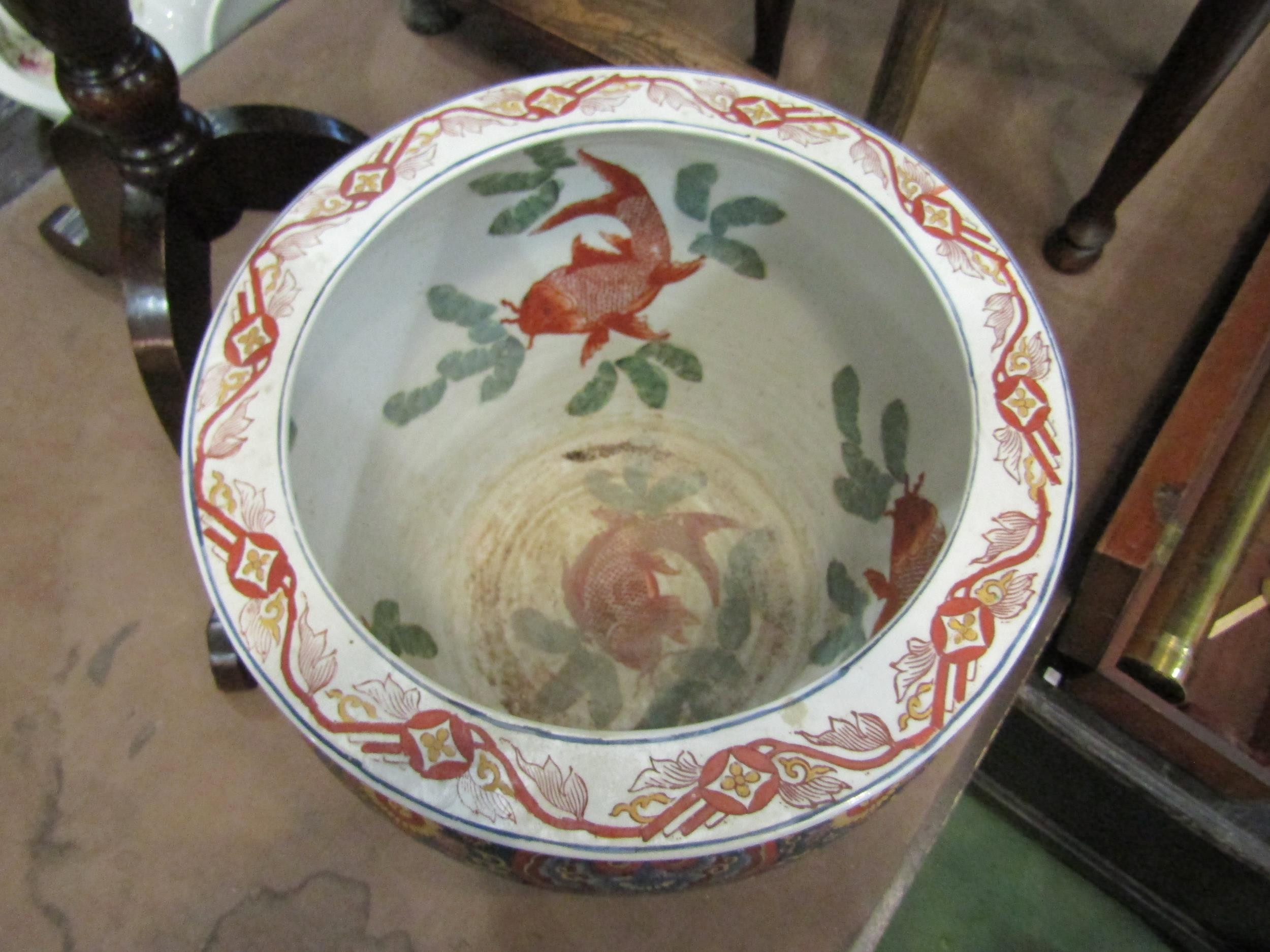 A Chinese jardiniere of large proportions with koi decoration to interior, 37cm diameter, 31cm tall - Image 2 of 3