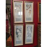 A Series of four French Art Nouveau prints after Alfons Mucha, framed and glazed, 31cm x 10cm