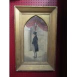 A 19th Century painting of gentleman in top hat standing in a hallway, architectural gilt frame,