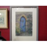 LILIAN SHAW: A soft pastel entitled "The Blue Door", framed and glazed, 29cm x 20cm