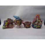 Carolyn Sims: Four lidded boxes with colourful allover applied decoration of beads, trinkets and