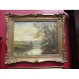 An oil on canvas depicting a river scene with figure fishing, gilt frame, canvas a/f, 35cm x 45cm