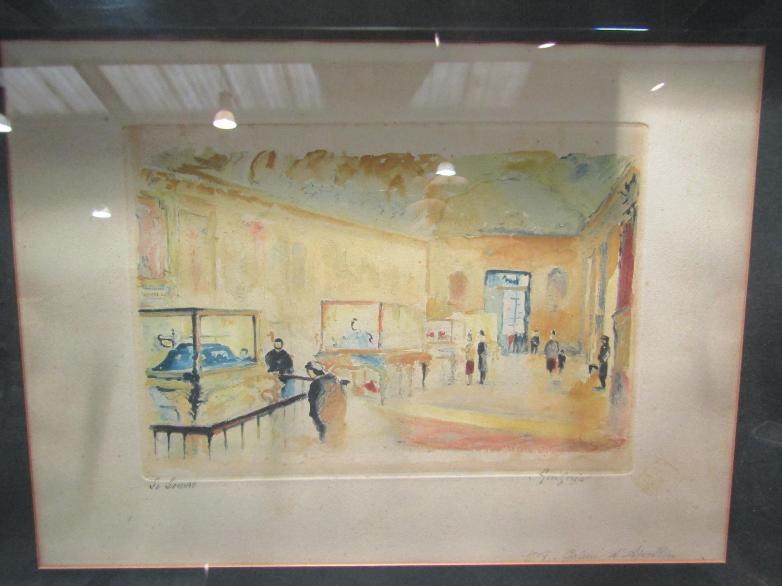 An early 20th Century French pencil signed coloured print of a gallery. 27cm x 37cm