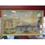 A large Continental scene watercolour depicting boats passing under a bridge, framed and glazed,