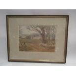 STEPHEN HOUSEMAN (XX): A naive watercolour of landscape, monogrammed lower right, framed and glazed,